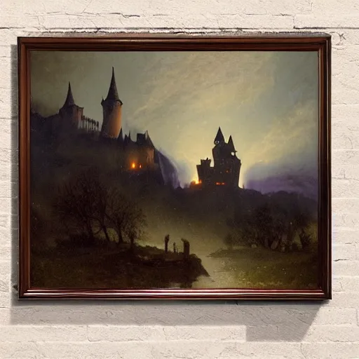 Prompt: The murky castle of Dracula in the majestic epic Transylvanian Alps, dark cloudy night sky pale moonlight with flocks of bats flying above the castle, a windy path leading up to the castle, oil painting by Albert Bierstadt