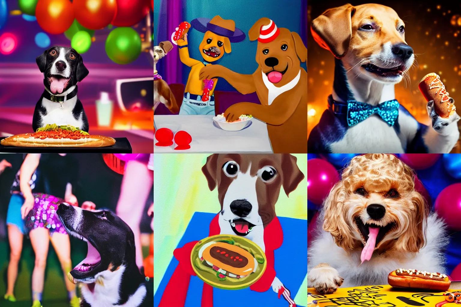 Prompt: A dog dancing at a disco party, eating hotdog. Photography realism. High detail