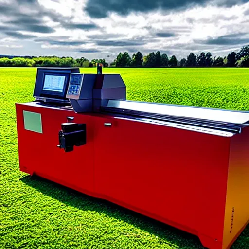 Prompt: cnc lathe from haas stands in a green field, the sky is bright red with clouds