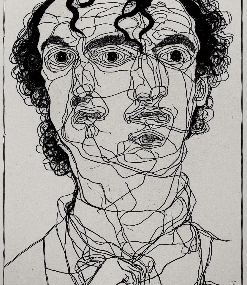 Prompt: detailed line art portrait of charles baudelaire, inspired by egon schiele. caricatural, minimalist, bold contour lines, musicality, soft twirls curls and curves, confident personality, raw emotion