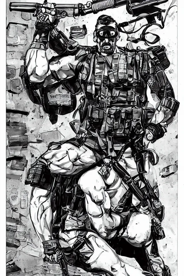 Image similar to muscular man, black vest with no shirt underneath, goggles around his neck, cargo pants, ammo belt, holding a blaster, long black hair in a ponytail, five o' clock shadow, comic book art, full body shot