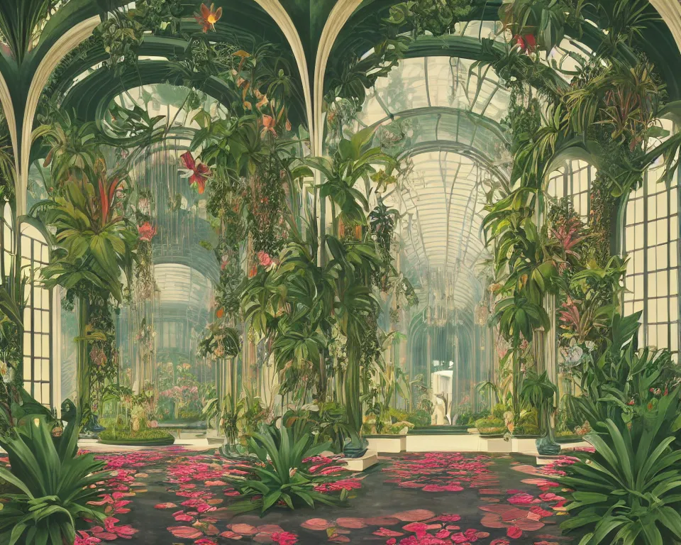 Prompt: an achingly beautiful print of the interior of an Art deco botanic garden, featuring flowing sculptured fountains, blooming tropical flowers, suspended chandeliers, and classical antiquities by Raphael, Hopper, and Rene Magritte. detailed, romantic, enchanting, trending on artstation.