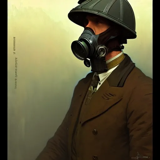 Image similar to portrait of a vicotrian man in suit wearing a gas mask by darek zabrocki, alphonse mucha, simon stalenhag and cinematic and atmospheric, concept art, artstation, trending on artstation