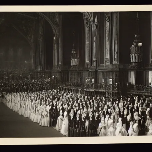 Image similar to Wide intermediate shot, coloured black and white, historical fantasy photographic image of a royal wedding of the groom who is waiting for his wife while appearing utterly afraid. An image from 1907 taken during the royal wedding's official wedding photographer's golden hour displays warming lighting. ultra realistic, photorealistic, cinema, hyper realistic, cinematic.