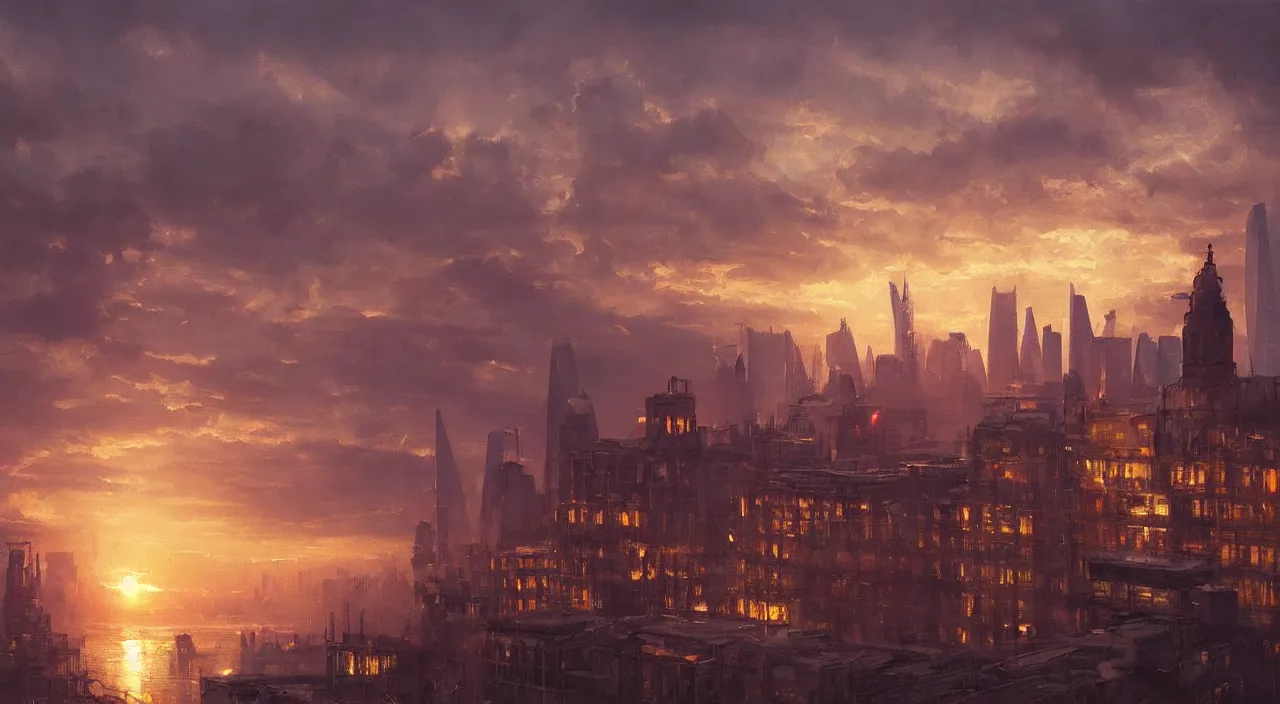 Image similar to oil painting of london skyline at sunset, natural light, concept art, by greg rutkowski, cozy atmospheric and cinematic lighting