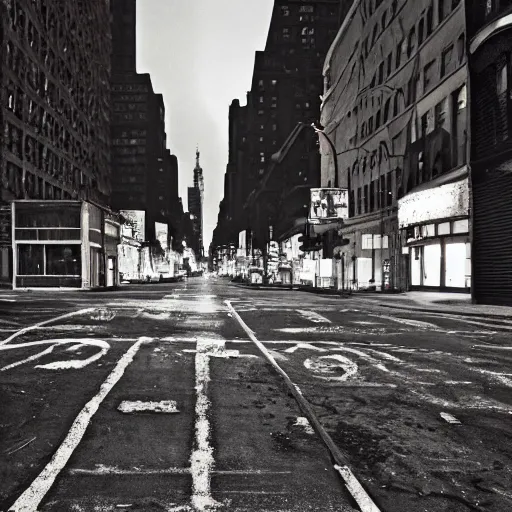 Image similar to color photograph, highly detailed abandoned New York city street at night after the war between humans and AIs, film grain, soft vignette, sigma 85mm f/1.4 1/10 sec shutter, film still promotional image, IMAX 70mm footage