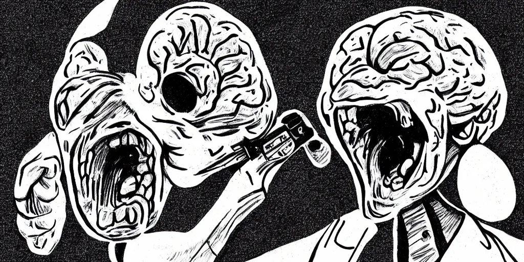 Prompt: a black and white drawing of a brain screaming at a gun