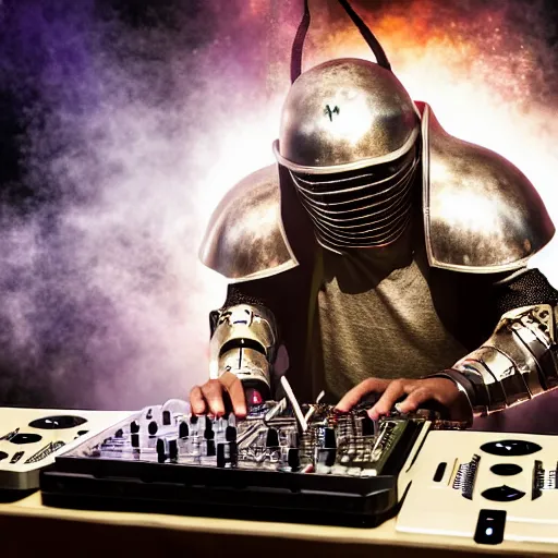 Image similar to photograph of a dubstep dj in holy cross knight armor djing during a medieval party, 8 k resolution, high detail