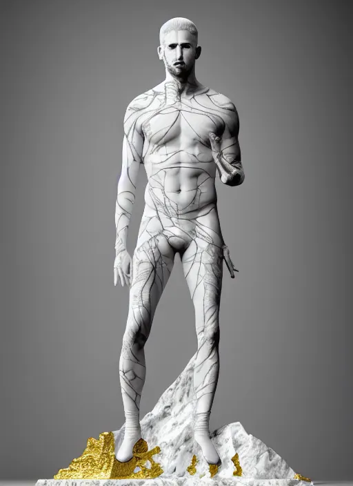 Prompt: a statue made of white marble with gold veins, of klay thompson, full body shot, perfect symmetrical body, perfect symmetrical face, hyper realistic, hyper detailed, by johannen voss, by peter kemp, by monia merlo, by michelangelo, by ernst haeckel, octane render, blender, 8 k