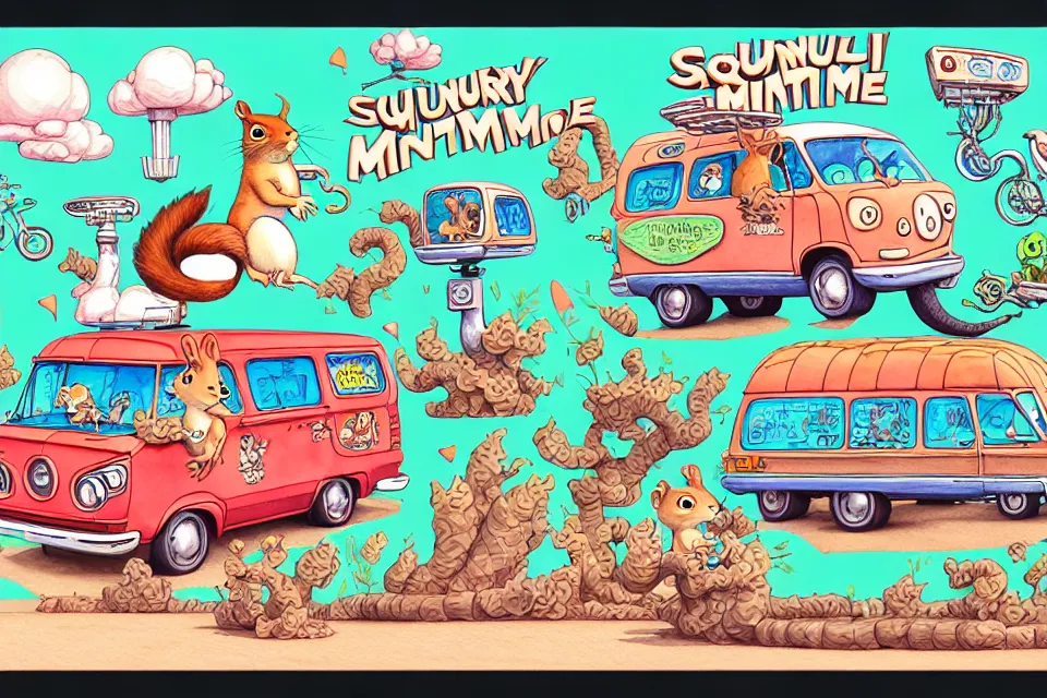 Image similar to cute and funny, squirrel riding in a mystery machine van, ratfink style by ed roth, centered award winning watercolor pen illustration, isometric illustration by chihiro iwasaki, edited by range murata, tiny details by artgerm and watercolor girl, symmetrically isometrically centered, sharply focused