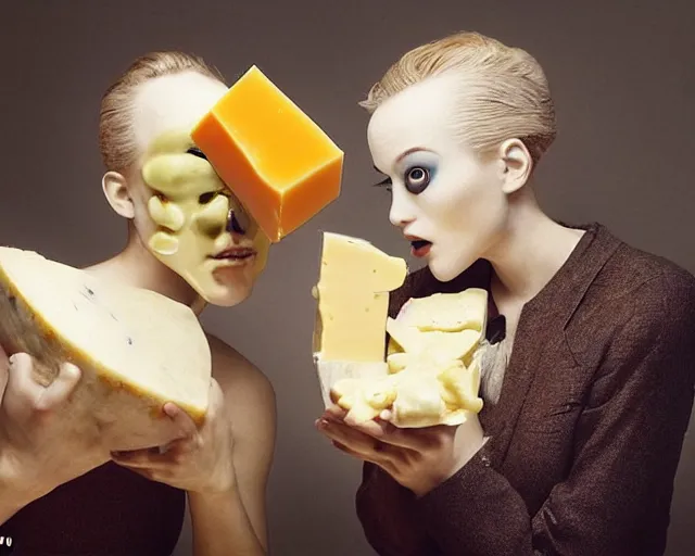 Image similar to incredible strange absurd closeup artwork of androids tasting cheese, finding it very weird but yet tasteful at the same time, weird tasting ritual of cheese products in the style of tim walker fashion photography