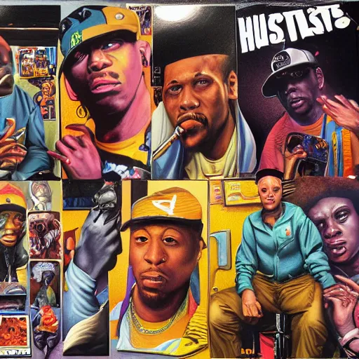 Image similar to detailed details photorealistic pictures of 9 0 s hip hop cover album from rapper two ballz, this album called hustle on the buut, in the style of bob peak and alex ross, gouache and wash paints color, detailed details facial and body and human and environments and background and foreground and proportionate, detailed 5 k details, detailed string text.