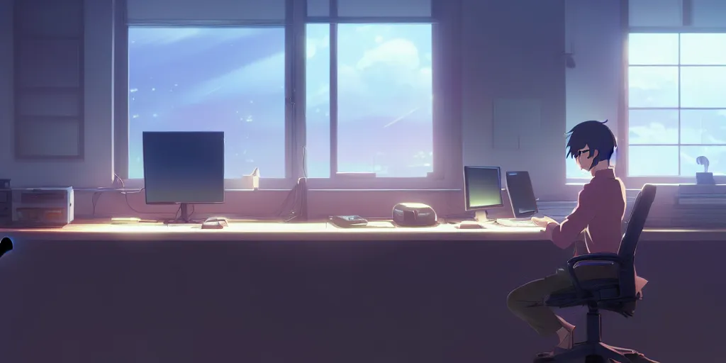 Image similar to a nerdy boy is programming at a computer in a room full of gadgets, by makoto shinkai and ghibli studio, dramatic lighting, highly detailed, incredible quality, trending on artstation