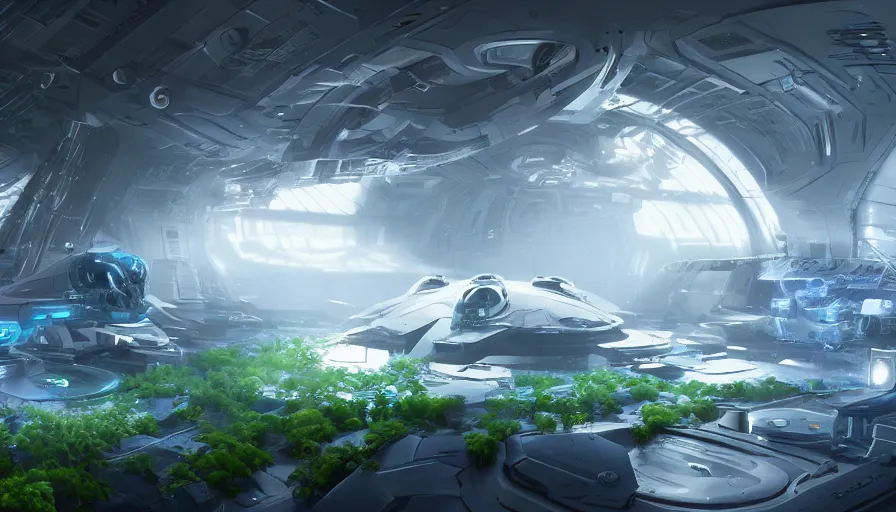 Prompt: White space alien research center with blue lights and white walls with green aliens working around, hyperdetailed, artstation, cgsociety, 8k