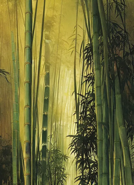 Prompt: bamboo forest, intricate, elegant, highly detailed, vivid colors, john harris, frazetta, sparth, ruan jia, jeffrey catherine jones