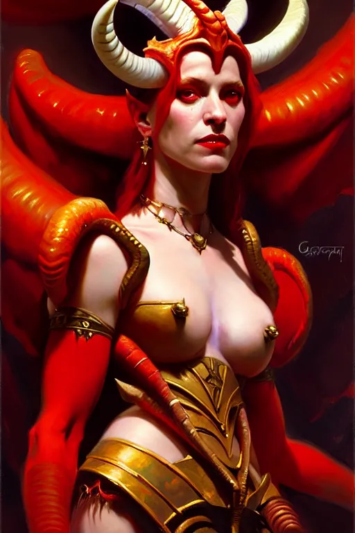 Image similar to painted close - up portrait of a very attractive red - skinned intimidating demon alien queen with ram horns! oil painting, wearing a noblewoman's outfit, fantasy art by john singer sargent and gaston bussiere and james jean and greg rutkowski, demon noble character design, hd