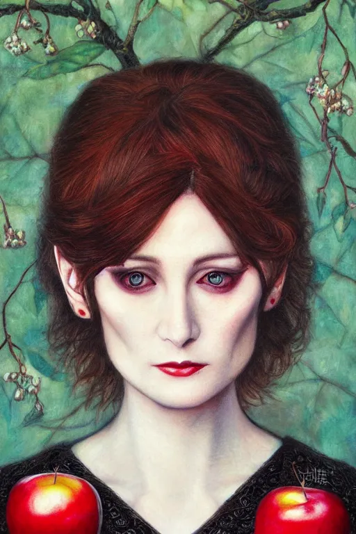 Prompt: Beautiful oil painting of Alice Cullen by Chie Yoshii, portrait, nature, symmetrical face, dramatic lighting, pale, holding red apple, sharp focus, smooth