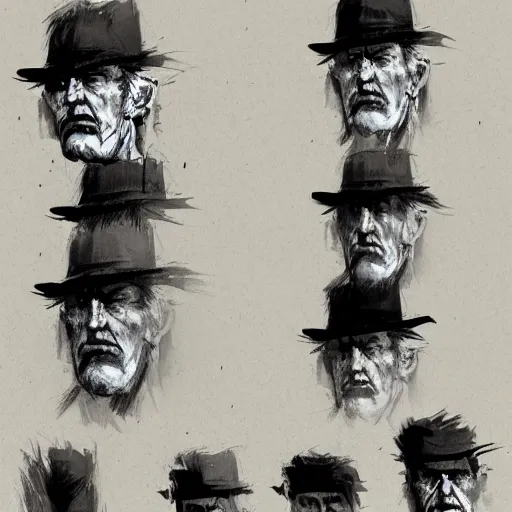 Image similar to faces reference sheet of old - man by ashley wood and j. m. w. turner, speed painting, matte painting, monochrome