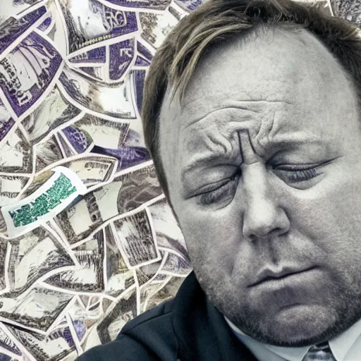 Prompt: an artist photo of alex jones crying like a baby as he looks up at money symbols flying away