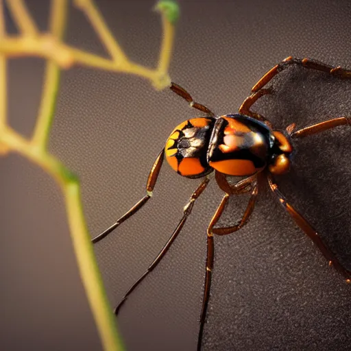 Prompt: award winning photograph of a golden black widow, highly detailed, hyper realistic, trending on artstation 8 k