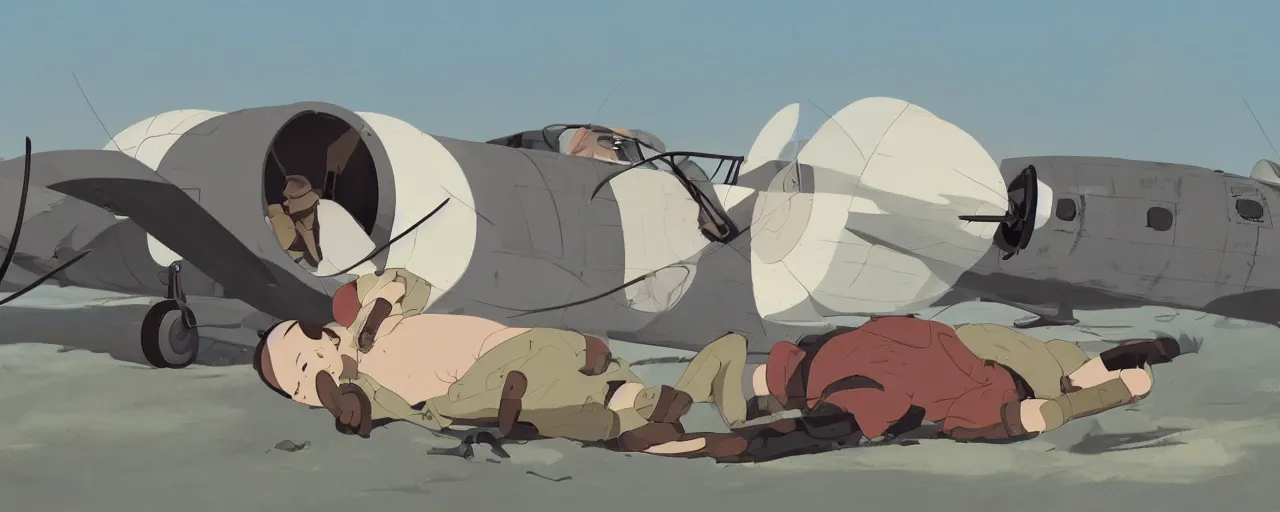 Image similar to dead baby seal dressed as a pilot from the 1 9 3 0 s, on the ground next to a crashed japanese zero plane, atey ghailan, goro fujita, studio ghibli, rim light, harsh bright lighting, clear focus, very coherent