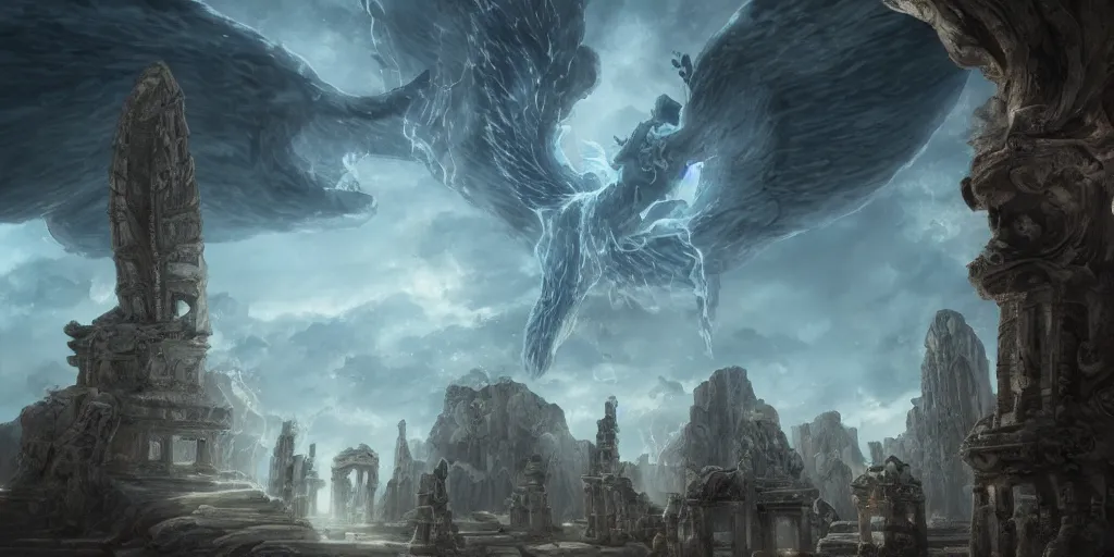 Prompt: a highly detailed matte painting of a giant glowing mothlike spirit with ghostly wings rising over ancient temple ruins and giant stone spikes, concept art, trending on artstation