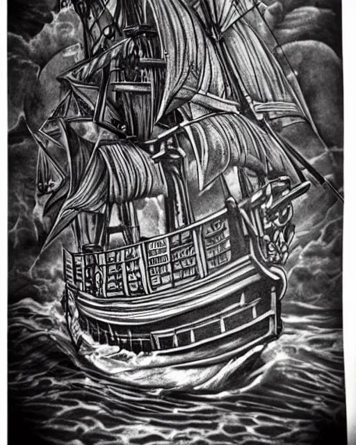 Image similar to A tattoo design on paper of a pirate ship, on paper, black and white, highly detailed tattoo, realistic tattoo, realism tattoo