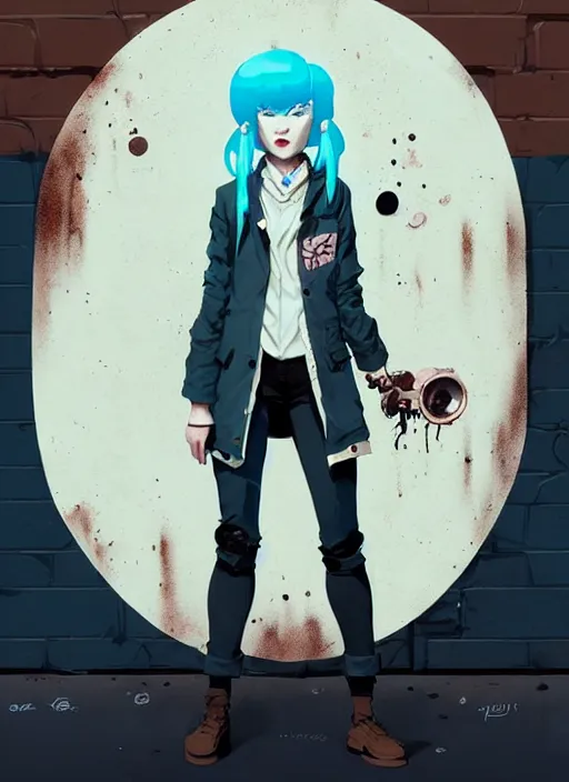 Image similar to highly detailed portrait of a sewer punk lady student, blue eyes, formal jacket, white hair by atey ghailan, by greg rutkowski, by greg tocchini, by james gilleard, by joe fenton, by kaethe butcher, gradient blue, black, brown and cyan color scheme, grunge aesthetic!!! ( ( graffiti tag wall background ) )