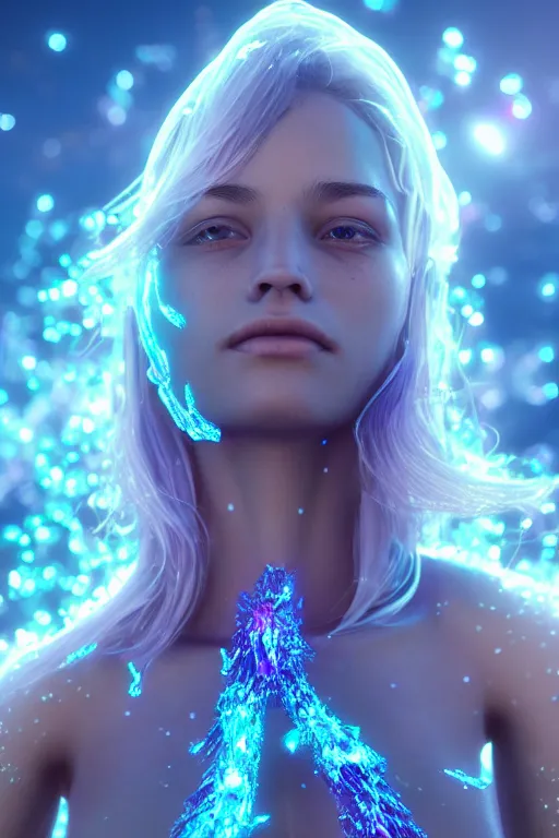 Image similar to a beautiful girl from whose body mineral crystals grow, biopunk, in full growth, magical crystals, smoky crystals, translucent crystals, luminous sparkling crystals, many details, 3 d, cinematic, hyper realism, high detail, octane render