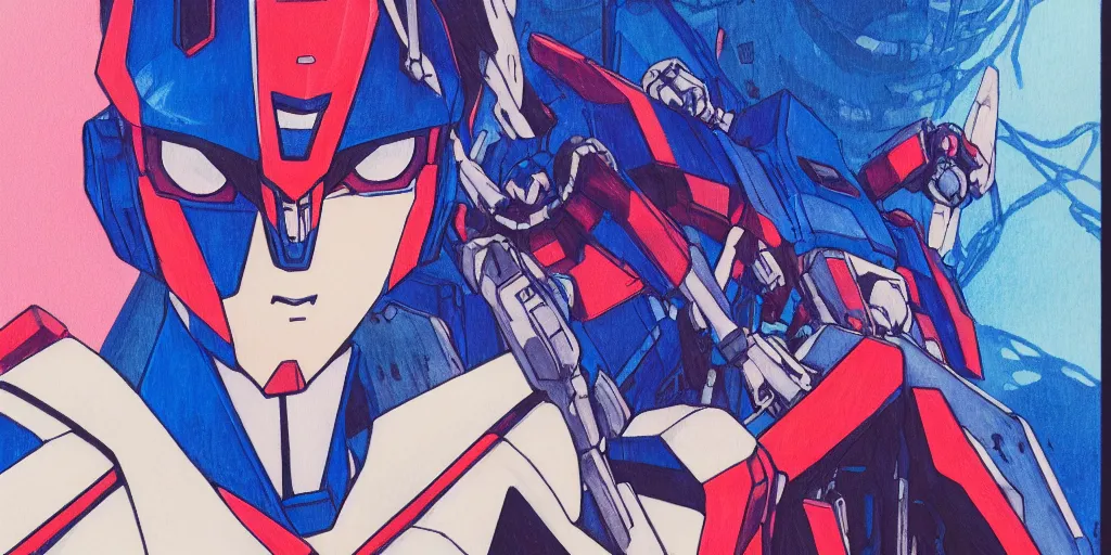 Image similar to risograph grainy painting of gigantic huge evangelion - like gundam mech face, with huge earrings and rings around head with a lot of details, covered with rich jewelry, blue hour, twilight, by moebius and dirk dzimirsky and satisho kon, close - up wide portrait