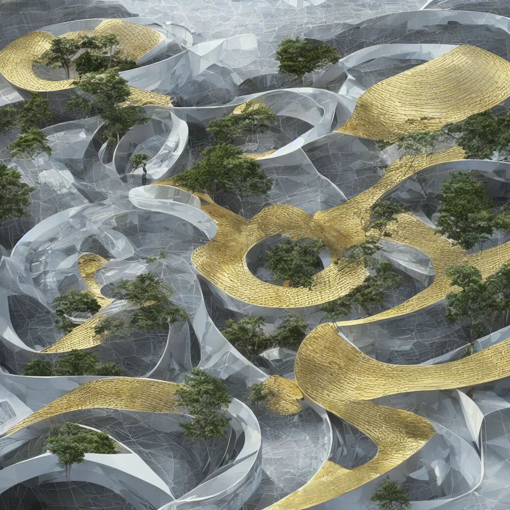 Image similar to “ an incredibly smooth curvilinear architectural complex spatial sculpture, unfolding continuously golden surfaces enclose a visually interesting japanese zen garden designed by zaha hadid, architecture render, vray ”