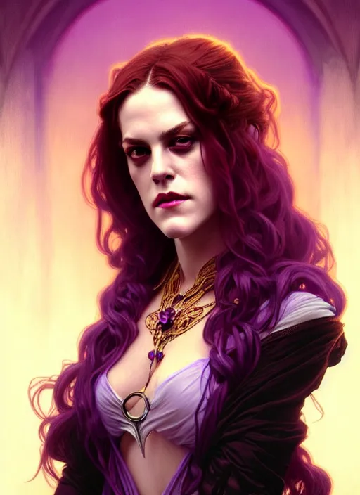 Prompt: portrait of riley keough as a vampire queen, jewelry, greek, purple, intricate, headshot, highly detailed, digital painting, artstation, concept art, sharp focus, cinematic lighting, illustration, art by artgerm and greg rutkowski, alphonse mucha, cgsociety