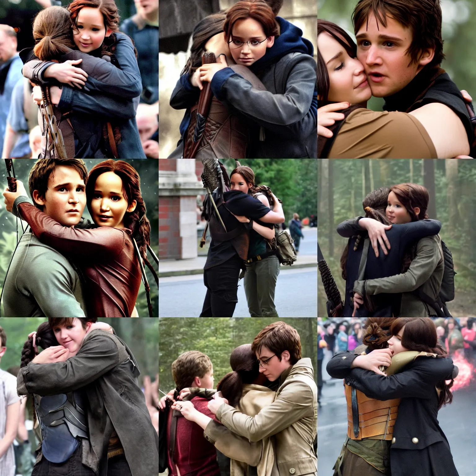 Prompt: Katniss Everdeen hugs Harry Potter