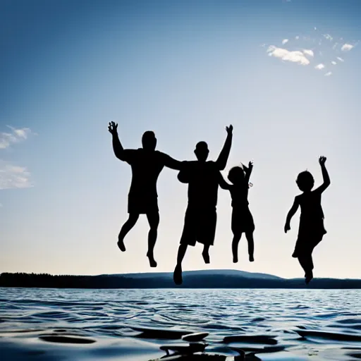 Image similar to family jumping off a dock into lake silhouette