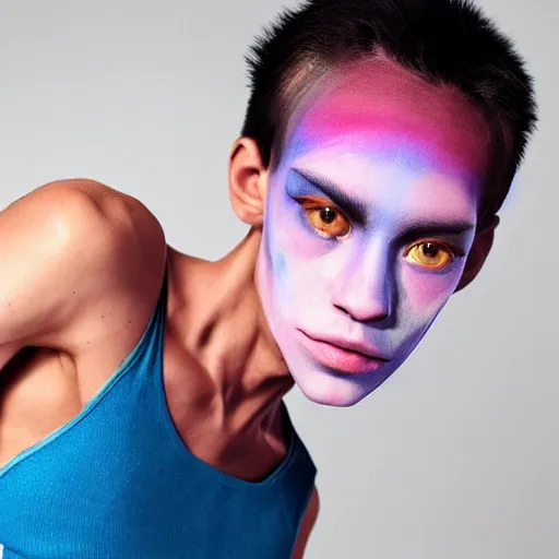 Image similar to a young beautiful slim athletic male with mexican facial features with alien dna, his skin has a pink and blue ombre hue, his eyes pupils are translucid and his hair moves with the wind, photographed by erwin olaf