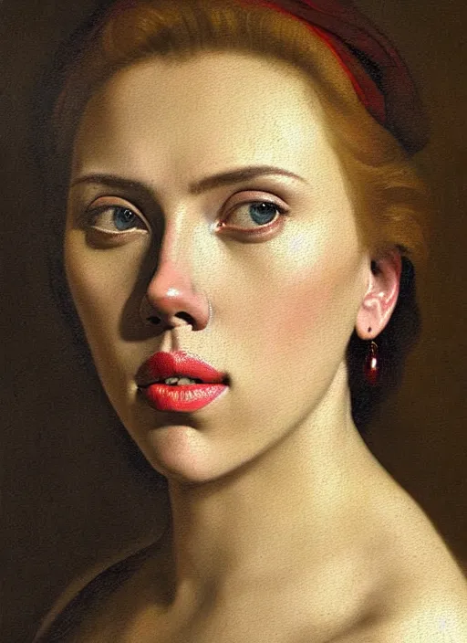 Image similar to portrait of scarlett johansson, oil painting byjohannes vermeer, 1 7 th century, art, oil on canvas, wet - on - wet technique, realistic, expressive emotions, intricate textures, illusionistic detail