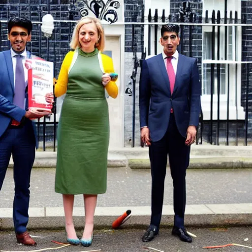 Image similar to rishi sunak holding a chainsaw, liz truss holding a baseball bat at number 1 0 downing street, cartoon style