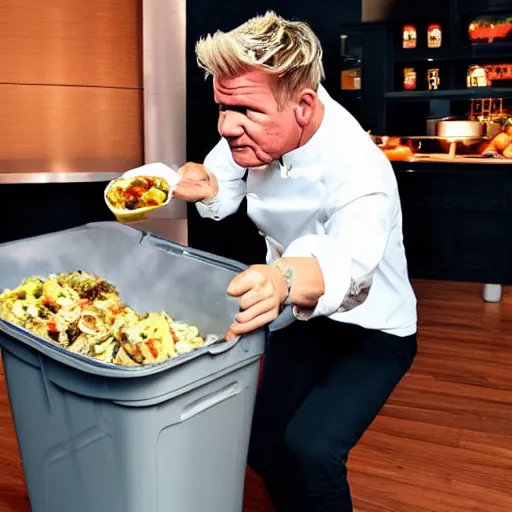 Prompt: gordon ramsay eating the food from trash bin caught on camera