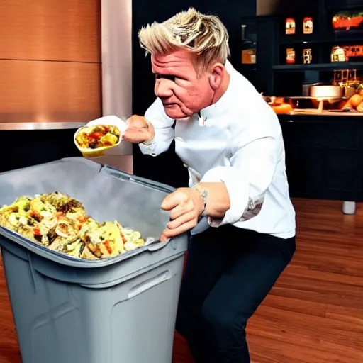 Image similar to gordon ramsay eating the food from trash bin caught on camera