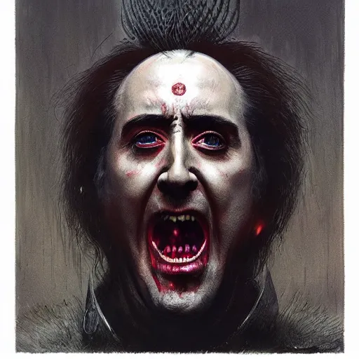 Image similar to Nicolas Cage as god of chaos in flames screaming dark fantasy, intricate, smooth, artstation, painted by Wayne Barlowe, Greg Rutkowski, Zdislav Beksinski