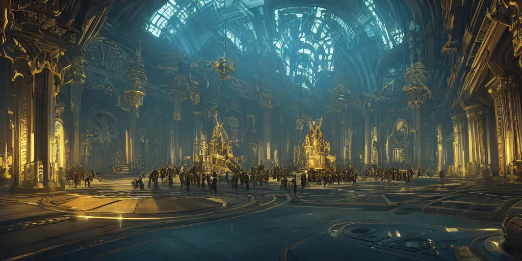 Image similar to cel shaded cinematic shot of the interior of a sci-fi space station with ornate architecture with a giant golden statue in the middle, bustling with people and flying cars, epic castle, gothic architecture, emerald, crystalline, detailed illustration, sharp focus, concept art, unreal engine, octane render, god rays
