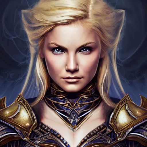 Prompt: head-on centered symmetrical painted portrait, Elisha Cuthbert as a paladin, blonde hair, Level 1 RPG armour, dramatic lighting, intricate, fantasy, intricate, elegant, highly detailed, digital painting, smooth, sharp focus, illustration, dramatic lighting, artstation, in the style of Artgerm and Anna Podedworna