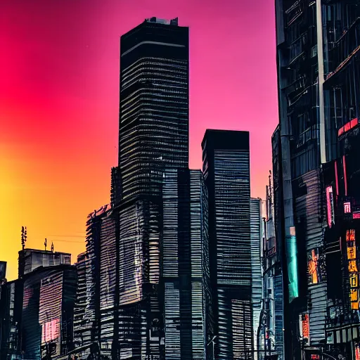 Image similar to tokyo cyberpunk futuristic, full of robots, sunset surreal