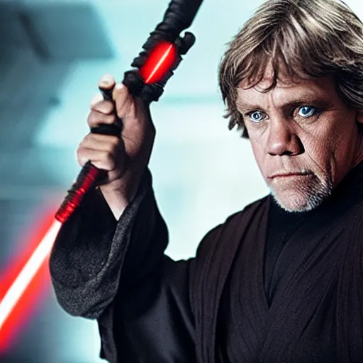 Image similar to A film still of Luke skywalker as a sith lord realistic,detailed,photorealistic