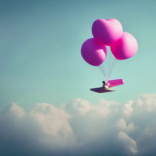 Image similar to dream a 5 0 mm lens photograph of a cute pink floating modern house, floating in the air between clouds, inspired by the movie up, held up from above by heart ballons. mist, playful composition canon, nikon, award winning, photo of the year