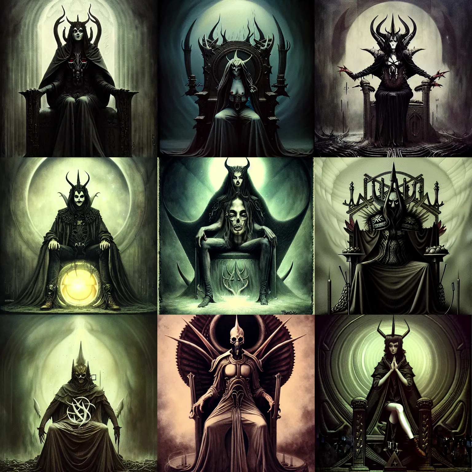 Prompt: dark ambient album cover, satan sitting on a throne, asymetrical design, magic, apocalypse, occult, magic, tom bagshaw, enki bilal