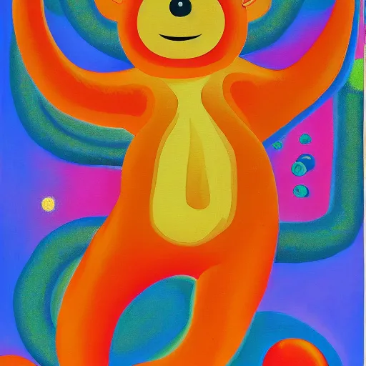 Prompt: the chunky monkey invents called the funky monkey and patents it. oil painting in the style of a funky monkey. good cosmic vibes. 1 9 2 9.