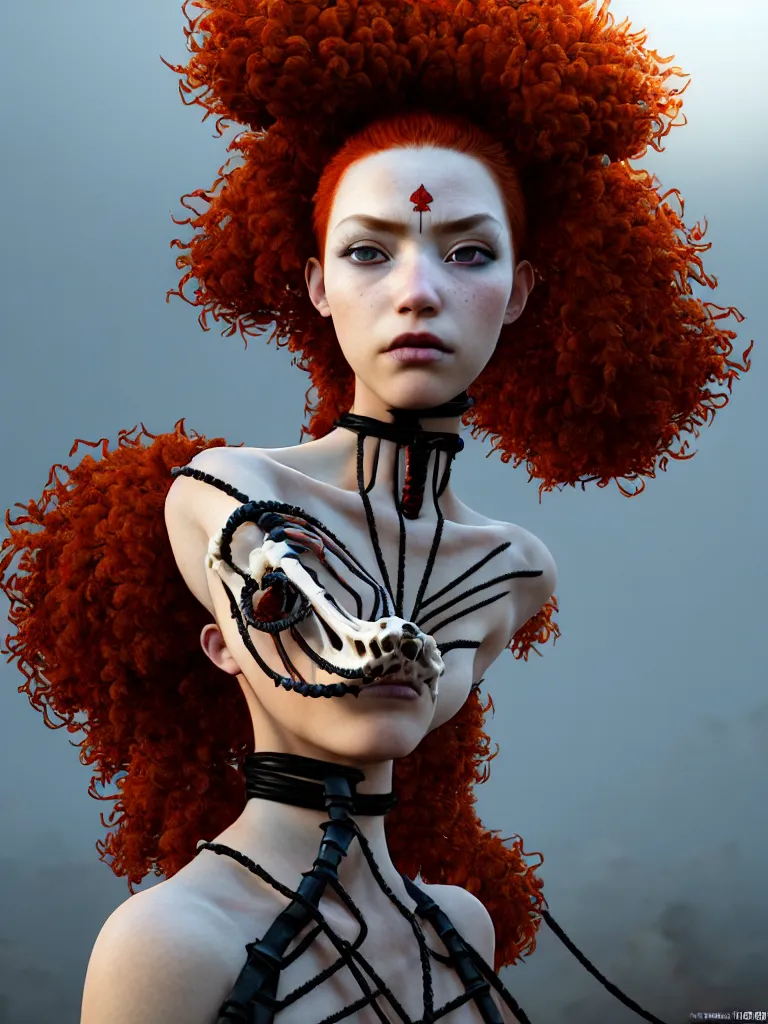 Image similar to a single fierce looking beautiful young woman with curly red hair and symmetrical white makeup, tied up with black rope, wearing an intricate headdress made from bones and leather, painted by makoto shinkai, studio ghibli, intricate linework, unreal engine 5 highly rendered, global illumination, radiant light, detailed and intricate environment