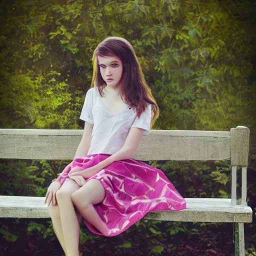 Prompt: dslr photo of a beautiful teen girl, sitting on a bench wearing a flower skirt, very high quality face and body and wearing hemp sandals, artgerm, artstation, extremely high quality, moody lighting, photography by deviantart, octane render, 8 k