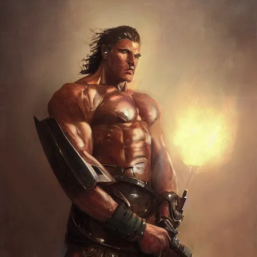 Prompt: handsome portrait of a spartan guy bodybuilder posing, radiant light, caustics, war hero, jojo, ghost in the shell, by gaston bussiere, bayard wu, greg rutkowski, giger, maxim verehin